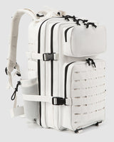 White tactical backpack with black straps on a light gray background