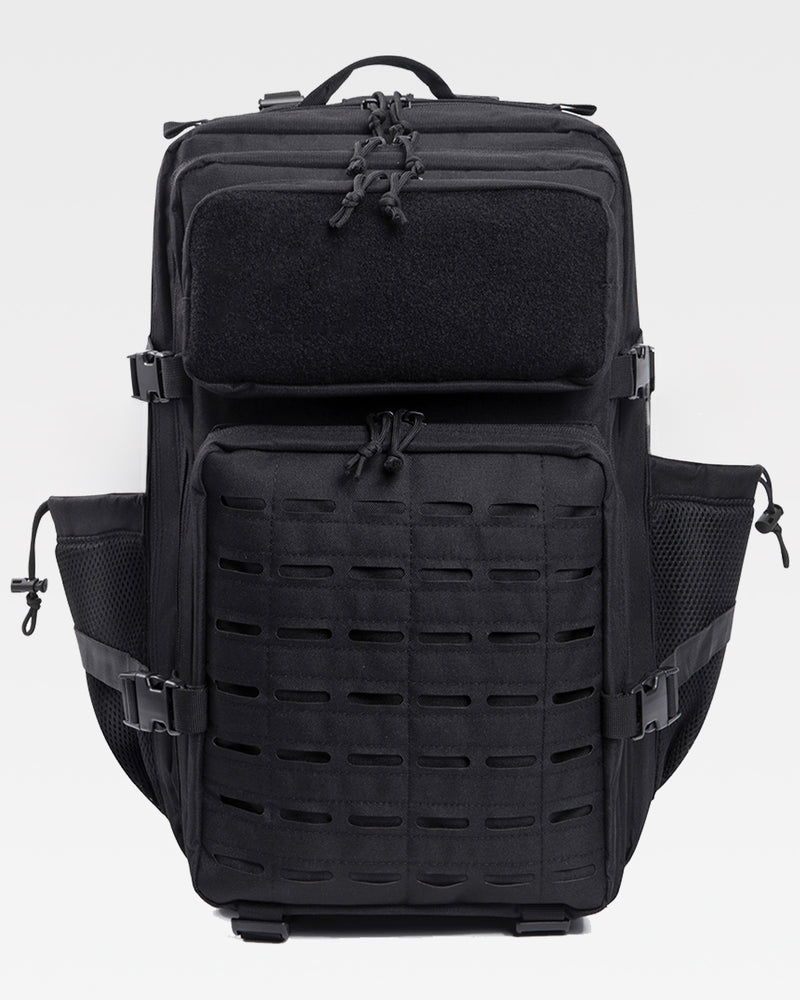 Black tactical backpack on a light gray background