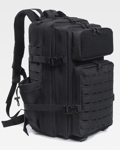 Black tactical backpack on a light gray background