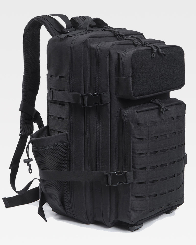 Black tactical backpack on a light gray background