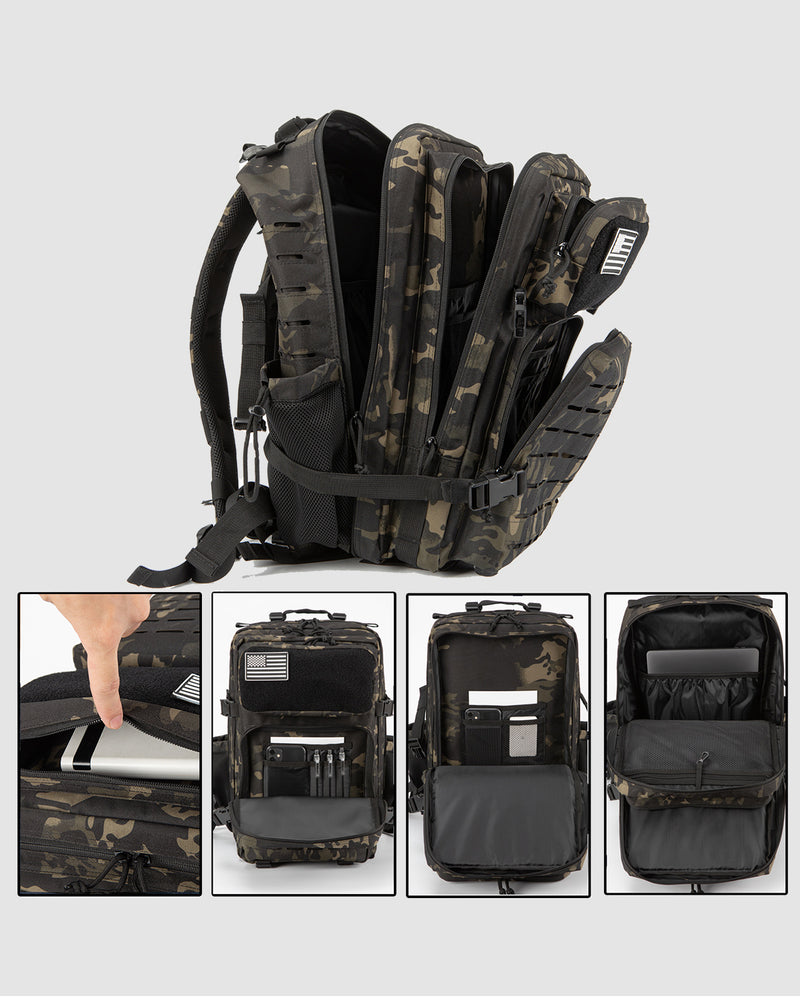 45L Tactical Backpack in black camouflage.