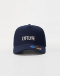 Navy Blue A-frame snapback with 'LYFTLYFE' silicone branding.
