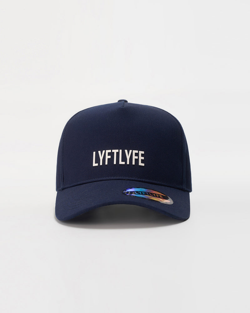 Navy blue A-frame hat with 'LYFTLYFE' logo on a light gray background.