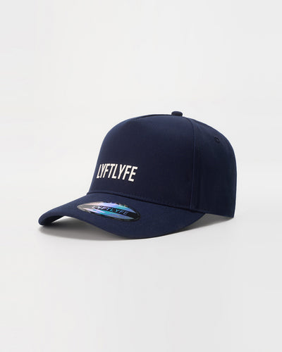Navy blue A-frame hat with 'LYFTLYFE' logo on a light gray background.
