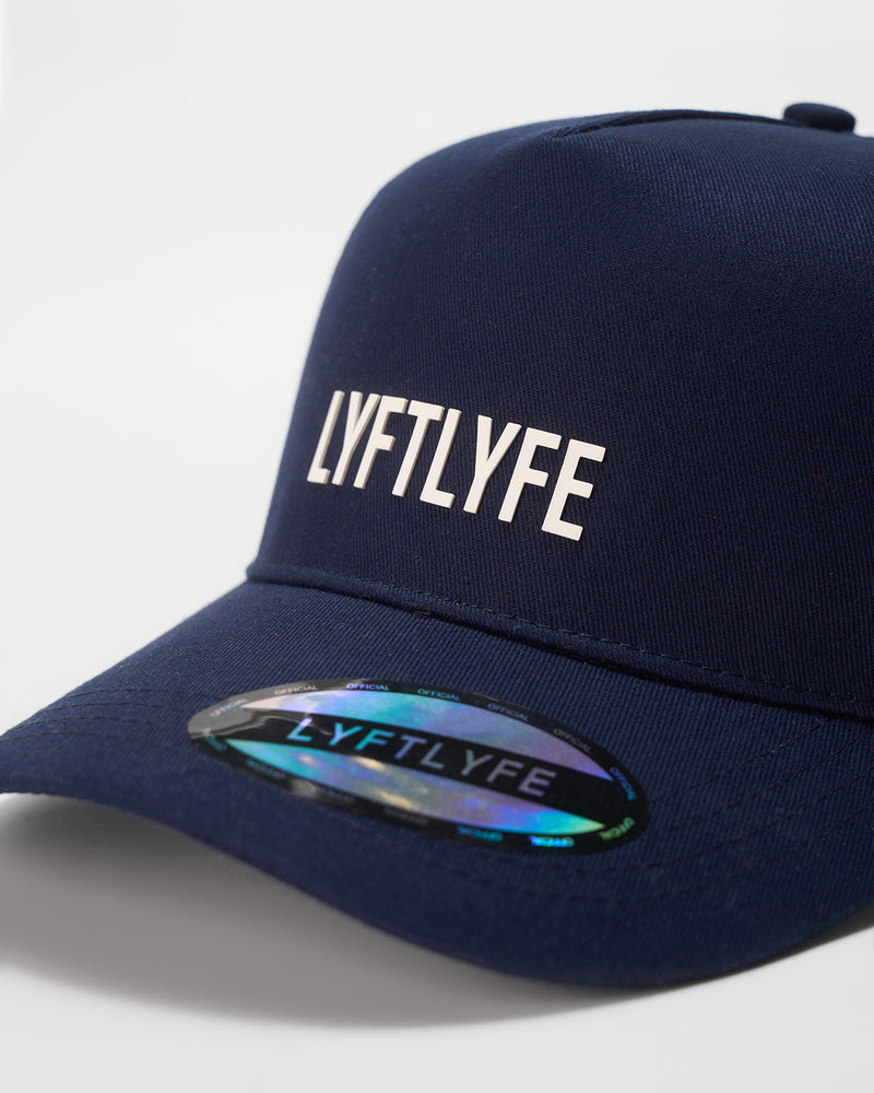 Navy blue A-frame hat with 'LYFTLYFE' logo on a light gray background.