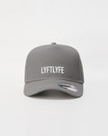 Grey A-frame snapback with 'LYFTLYFE' silicone branding.
