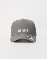 Grey A-frame snapback with 'LYFTLYFE' silicone branding.