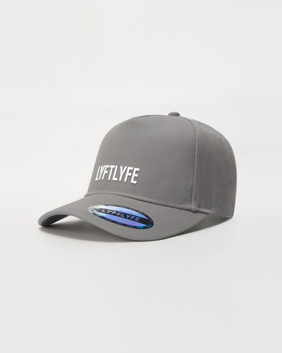 Grey A-frame snapback with 'LYFTLYFE' silicone branding.
