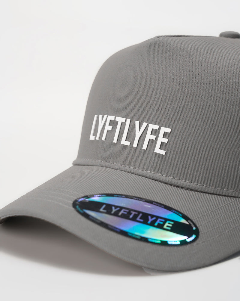 Grey A-frame snapback with 'LYFTLYFE' silicone branding.