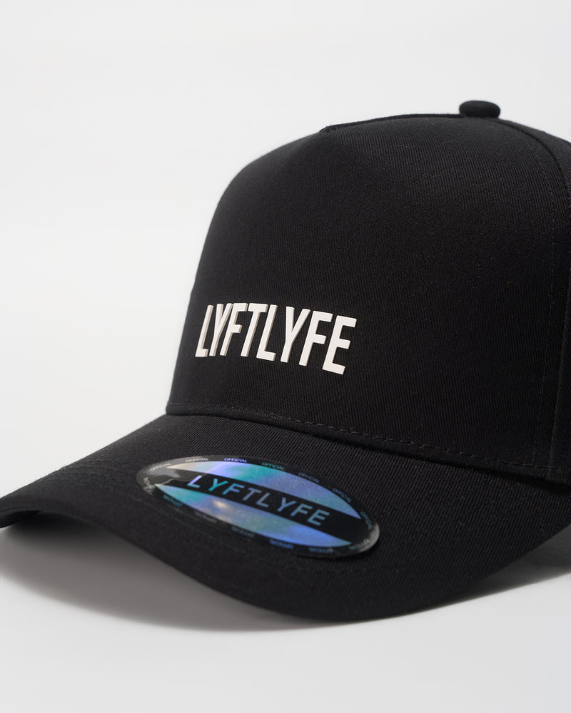 Black A-frame snapback with 'LYFTLYFE' branding on a white background.