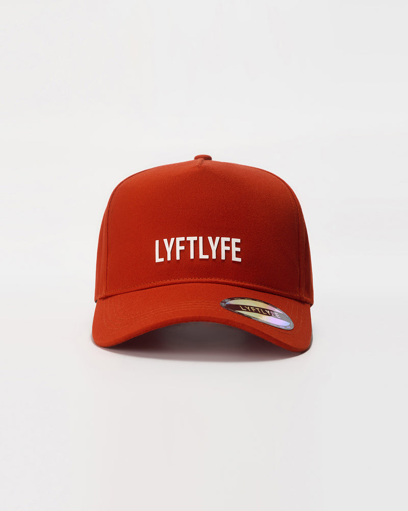 Red A-frame hat with 'LYFTLYFE' branding on a white background.