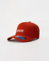 Red A-frame hat with 'LYFTLYFE' branding on a white background.