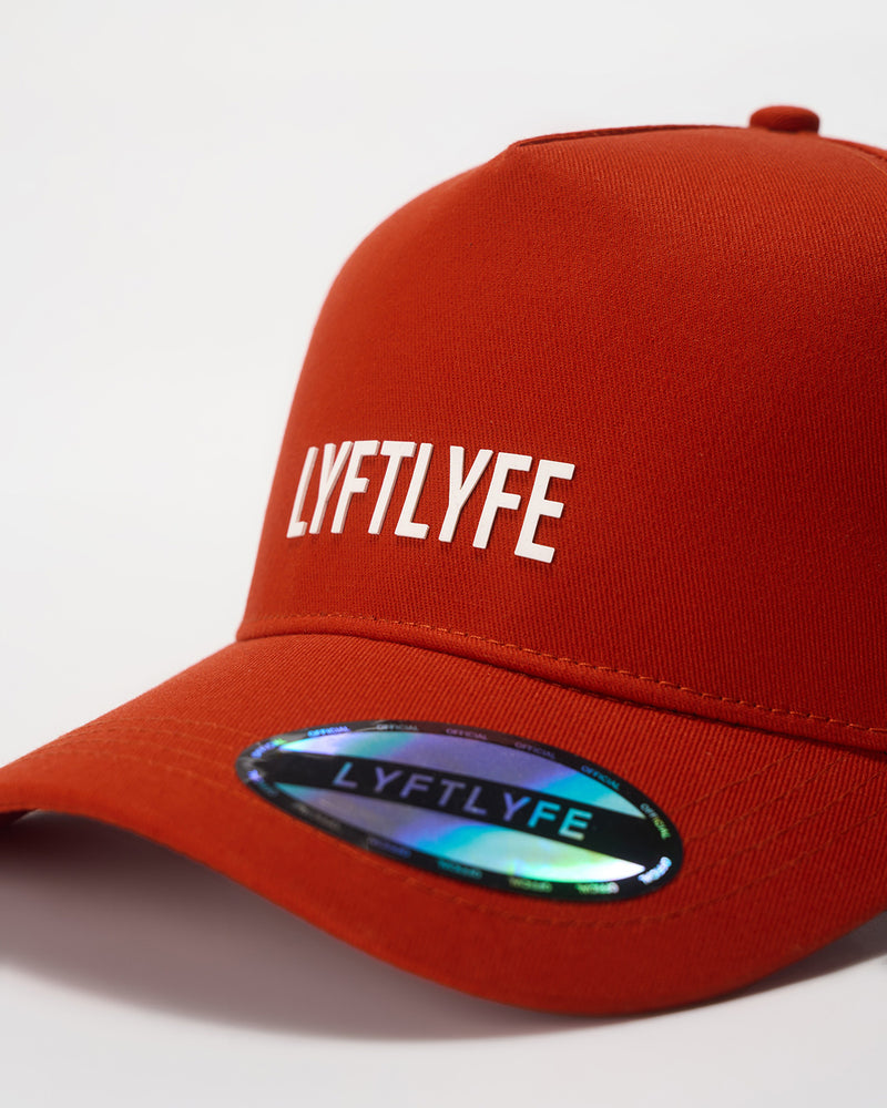 Red A-frame hat with 'LYFTLYFE' branding on a white background.