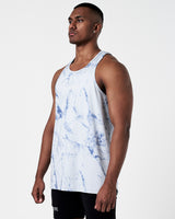Left side view of blue marble pattern tank top with cooling fabric.