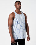 Eight side view of blue marble pattern tank top with cooling fabric.
