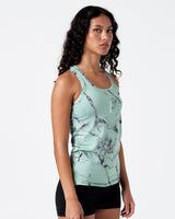 Right side profile of LYFTLYFE women's green marble athletic tank with shape-retention.