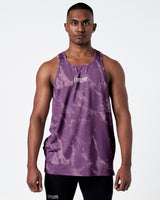 Men's dark purple marble gym tank with LYFTLYFE logo, front view.