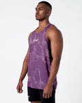 Dark Purple Marble gym tank left side view showing shoulder cut and length.