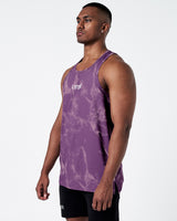 Dark Purple Marble gym tank left side view showing shoulder cut and length.