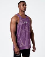 Dark Purple Marble gym tank right side view showing shoulder cut and length.