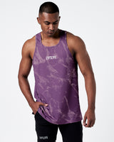 Sleeveless athletic tank top in dark purple marble print, front angle.