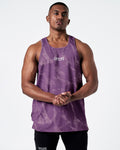 High-performance dark purple marble tank top with stretch fit, full front view.