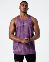 High-performance dark purple marble tank top with stretch fit, full front view.