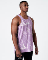 Light purple men's gym tank right side view showing shoulder cut and length.