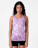 Women's light purple marble gym tank with LYFTLYFE logo and racerback cut.