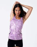 High-performance marble Y tank in light purple with scoop neckline and logo detail.