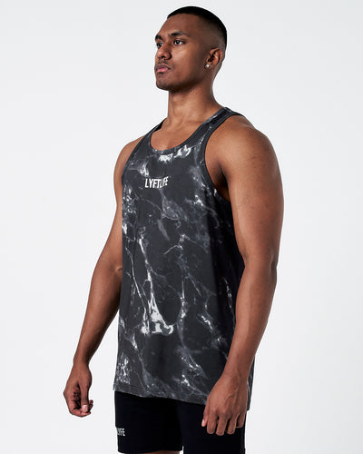 Men's sleeveless athletic tank top in black marble print, front angle.