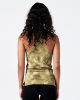 Back view of Combat Green racerback tank with sponge print and shoulder exposure.