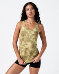 Full front pose of the green sponge print women's performance tank top.