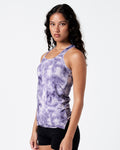 Left side view of women’s Pace Tank in Purple Haze with centered LYFTLYFE logo.