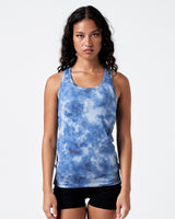 Front view of women’s Pace Tank in blue sponge print with centered LYFTLYFE logo.