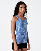 Right side view of LYFTLYFE women’s tank in blue, highlighting side seam and racerback fit.