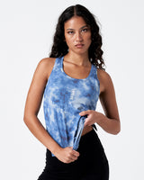 Full front pose of the blue sponge print women's performance tank top.