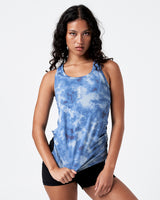 Front view of women’s Pace Tank in blue with centered LYFTLYFE logo.