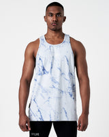 Men's blue marble gym tank with LYFTLYFE logo, front view.