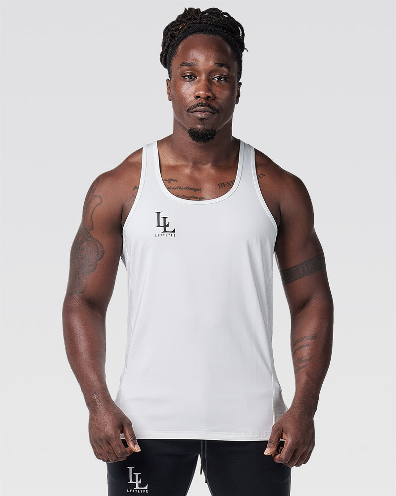 Mens gym stringer in white with a black LL logo