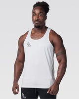 Left Side angle of men's gym stringer in white showing mesh panel.