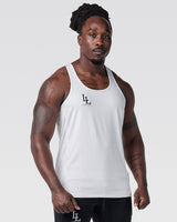 Right Side angle of men's gym stringer in white showing mesh panel.