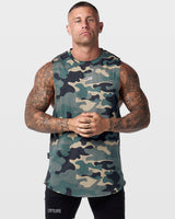 Limitless Men’s Cut Sleeve tank in militia camo with reflective chest logo and scalloped hem.