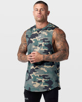 Limitless sleeveless tank in green camo, left side profile highlighting ergonomic fit and breathable fabric.
