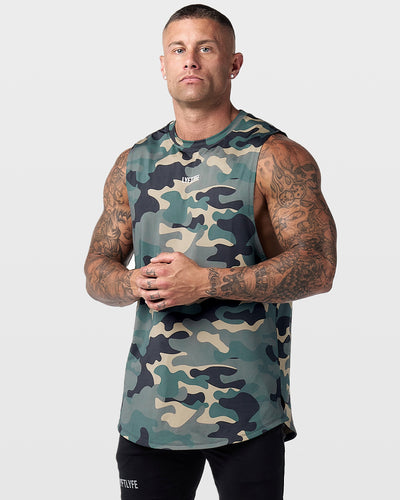 Army green camo men's sleeveless tank top with a white lyftlyfe logo in the center chest. 
