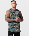 Limitless sleeveless tank in green camo, right side profile highlighting ergonomic fit and breathable fabric.