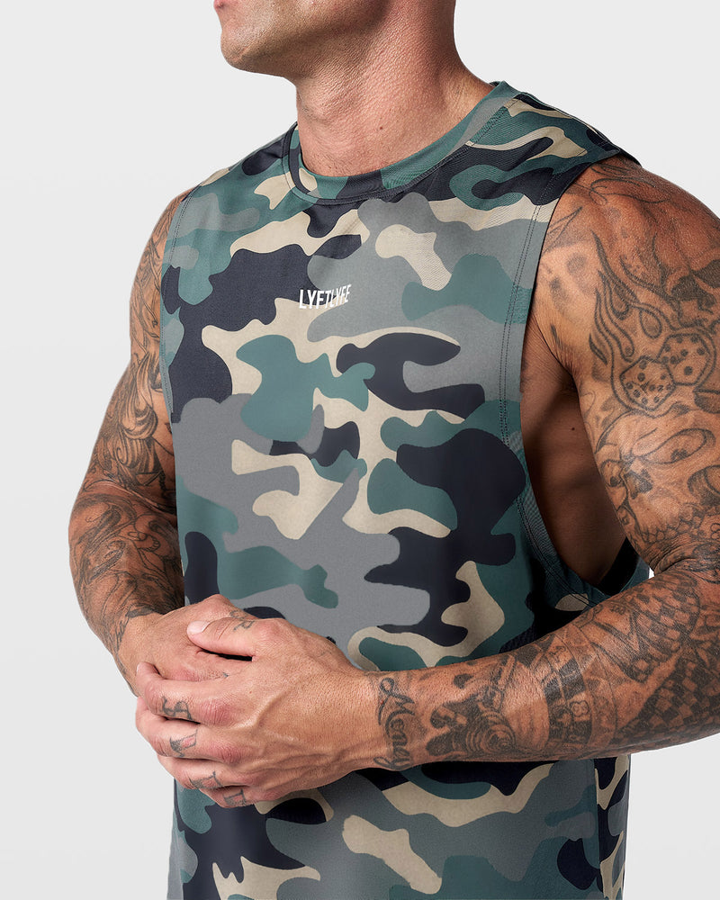 Army green camo men's sleeveless tank top with a white lyftlyfe logo in the center chest. 