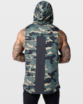 Back view of Limitless Men’s Sleeveless Hoodie in green camo, featuring a mesh panel for added ventilation and airflow.