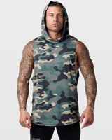 Limitless Men’s Sleeveless Hoodie in green camo, with a reflective center chest logo and wide shoulder cut.