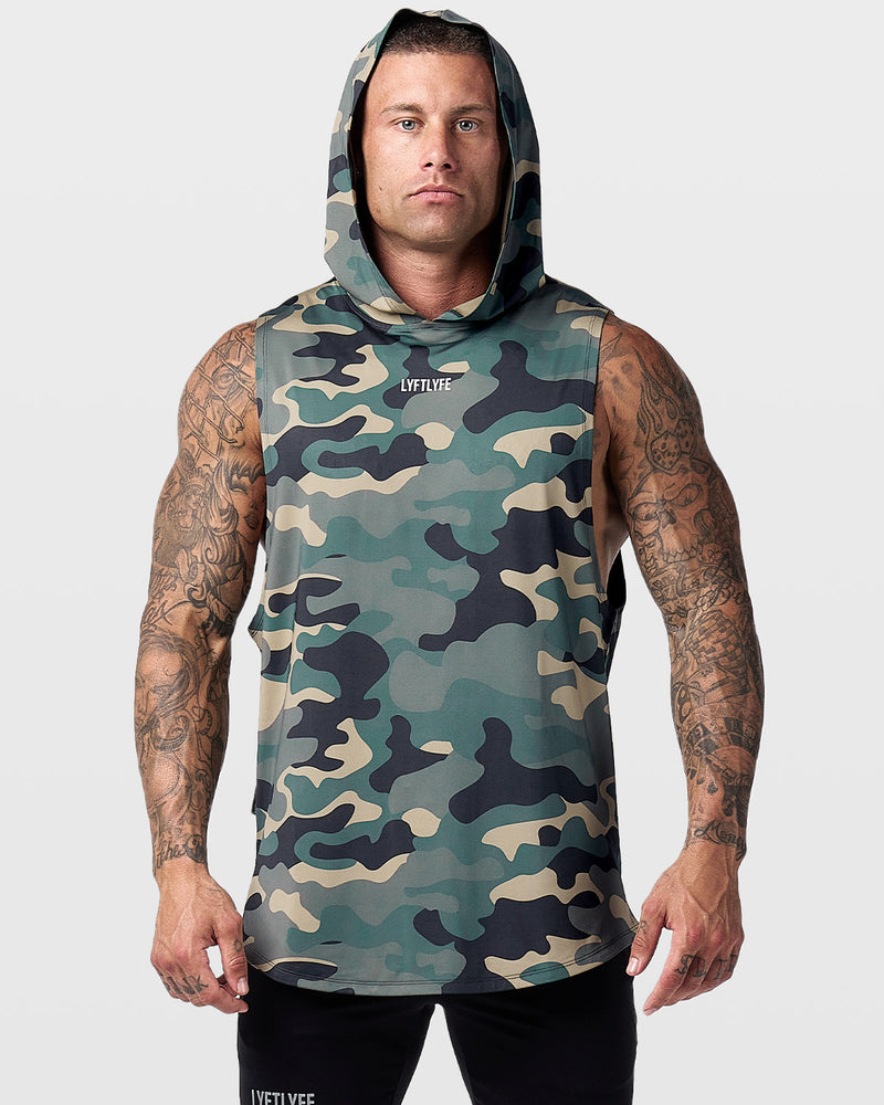 Men's sleeveless hoodie in army green camo. 